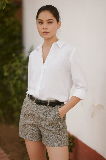 White Linen Shirt with tone on tone Shoulder Embroidery
