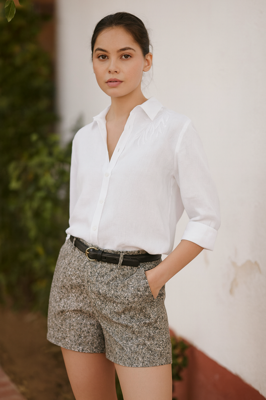 White Linen Shirt with tone on tone Shoulder Embroidery