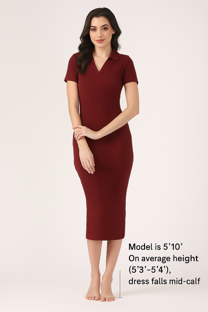 Soft Cotton Rib Contouring Wine Bodycon Dress