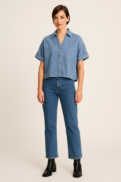 Heart of Gold Denim Top with Embroidery