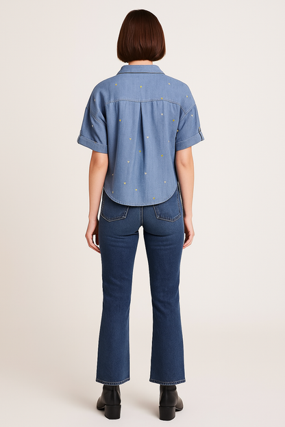 Heart of Gold Denim Top with Embroidery