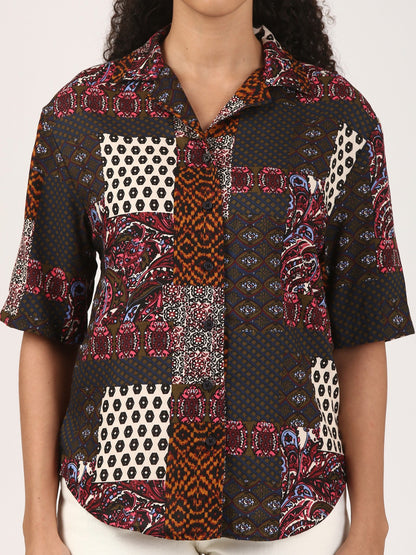 Bellini-Women’s Vintage Patchwork Print Regular Fit Short Sleeve Shirt