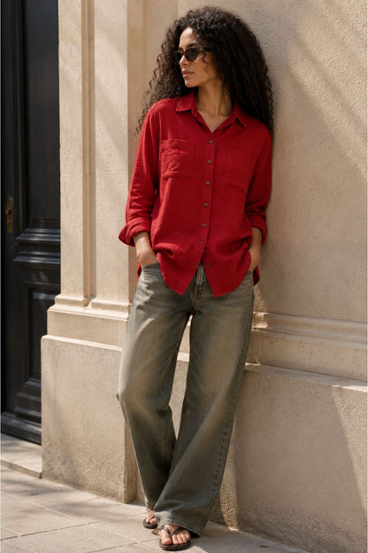 Deep Rust Cotton Double Cloth Crinkle Oversized Shirt