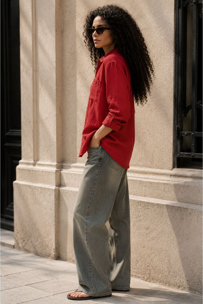 Deep Rust Cotton Double Cloth Crinkle Oversized Shirt