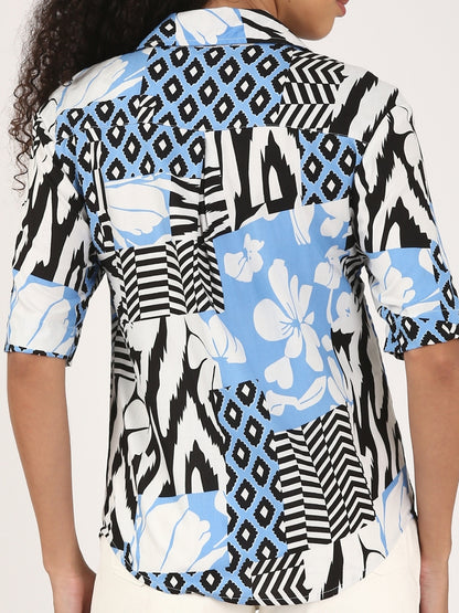 Balcao Breeze-Women’s Blue Abstract Floral Patchwork Cuban Collar Shirt