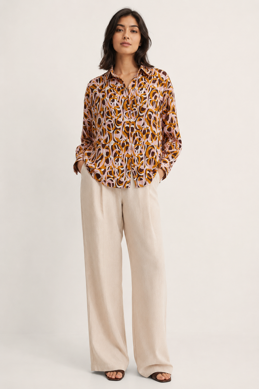 Oversized Cotton Dobby Shirt With Bold Abstract Loop Print