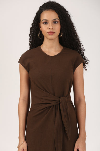 Amayra Linen Belted Dress in Espresso