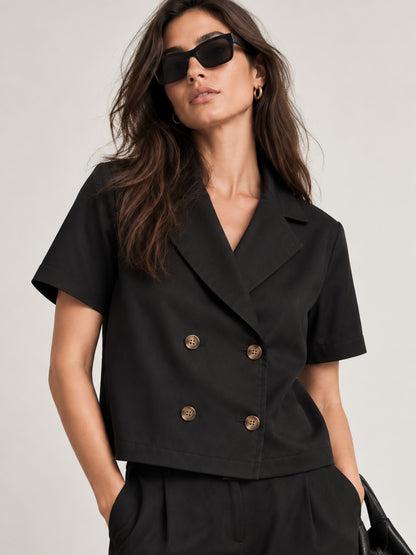 Cuban Collar Black Double Breasted Blazer Top