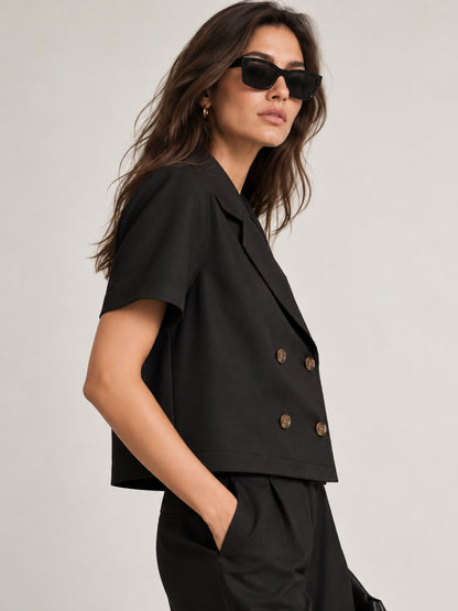 Cuban Collar Black Double Breasted Blazer Top