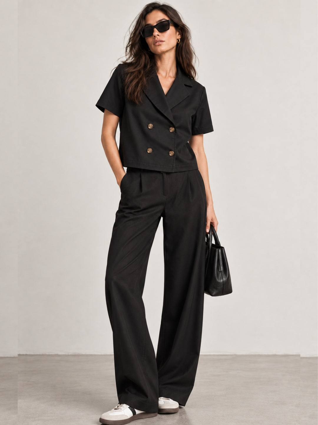 Cuban Collar Black Double Breasted Blazer Top