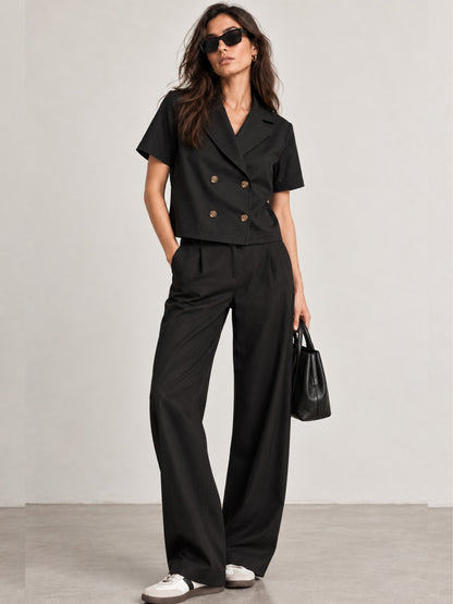 Cuban Collar Black Double Breasted Blazer Top
