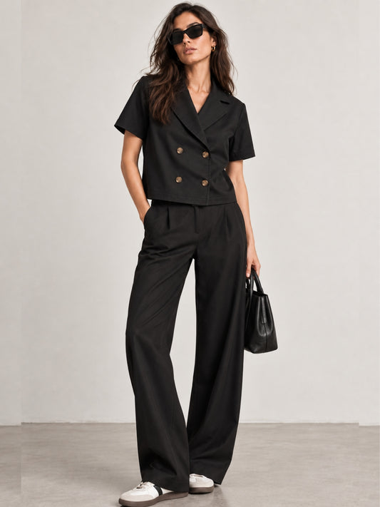 Cuban Collar Black Double Breasted Blazer Top