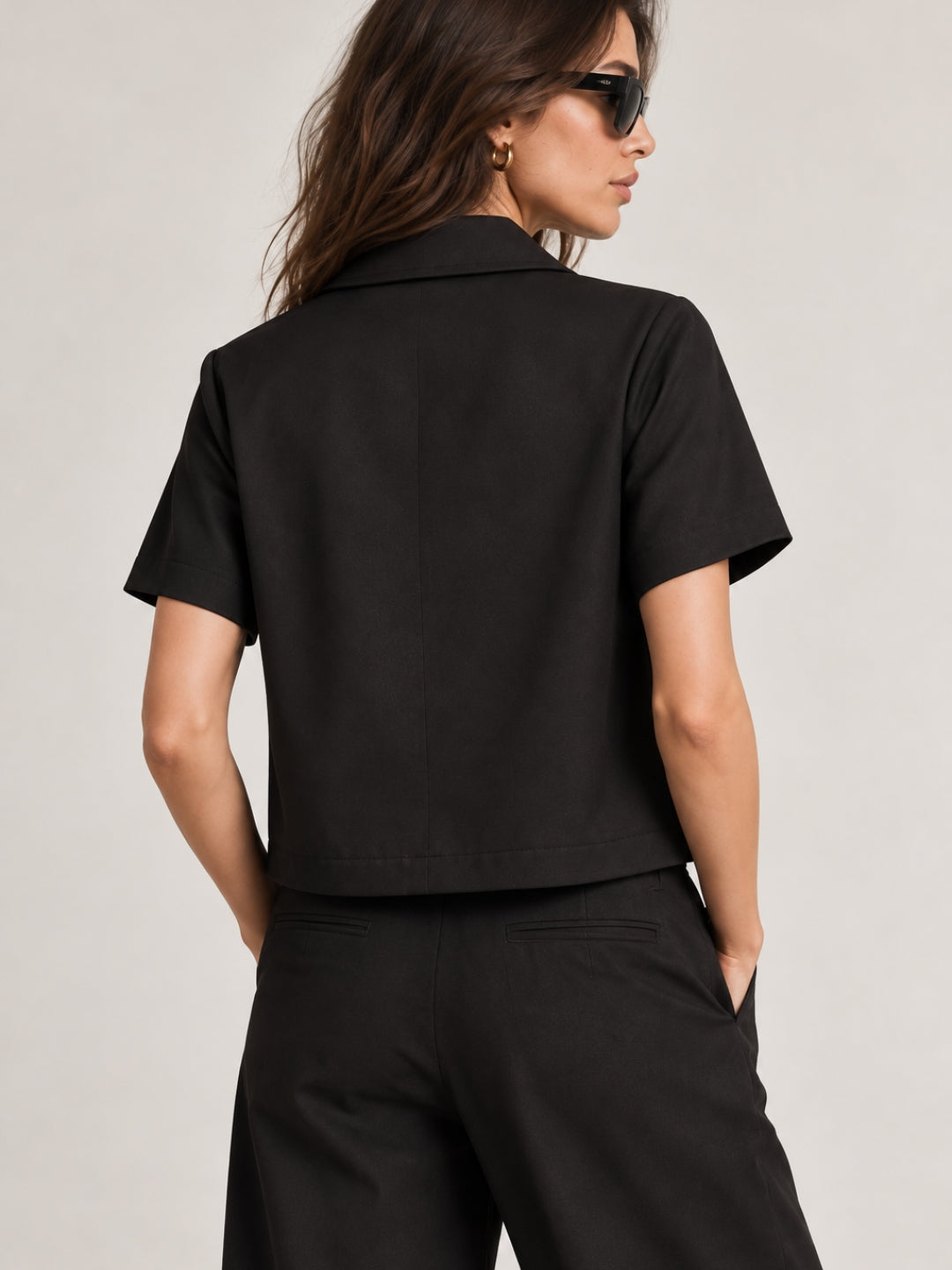 Cuban Collar Black Double Breasted Blazer Top
