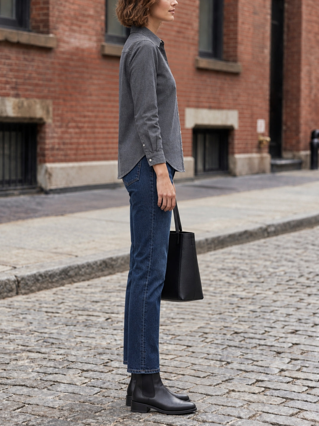 Charcoal grey relaxed fit lightweight denim city shirt with point collar and curved hem – Jolene