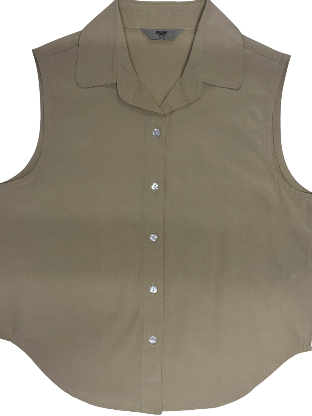 Beige cotton sleeveless cropped shirt with round collar, front button placket and curved hem – Jolene