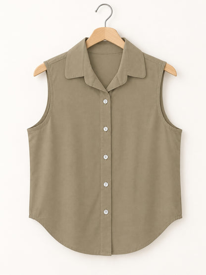 Beige cotton sleeveless cropped shirt with round collar, front button placket and curved hem – Jolene