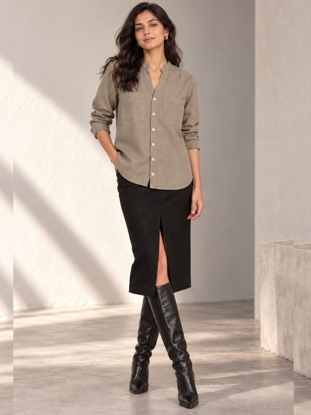 Earthy Brown Linen Casual Shirt with Mandarin Collar and Double Pocket