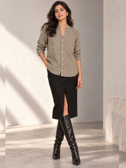 Earthy Brown Linen Casual Shirt with Mandarin Collar and Double Pocket