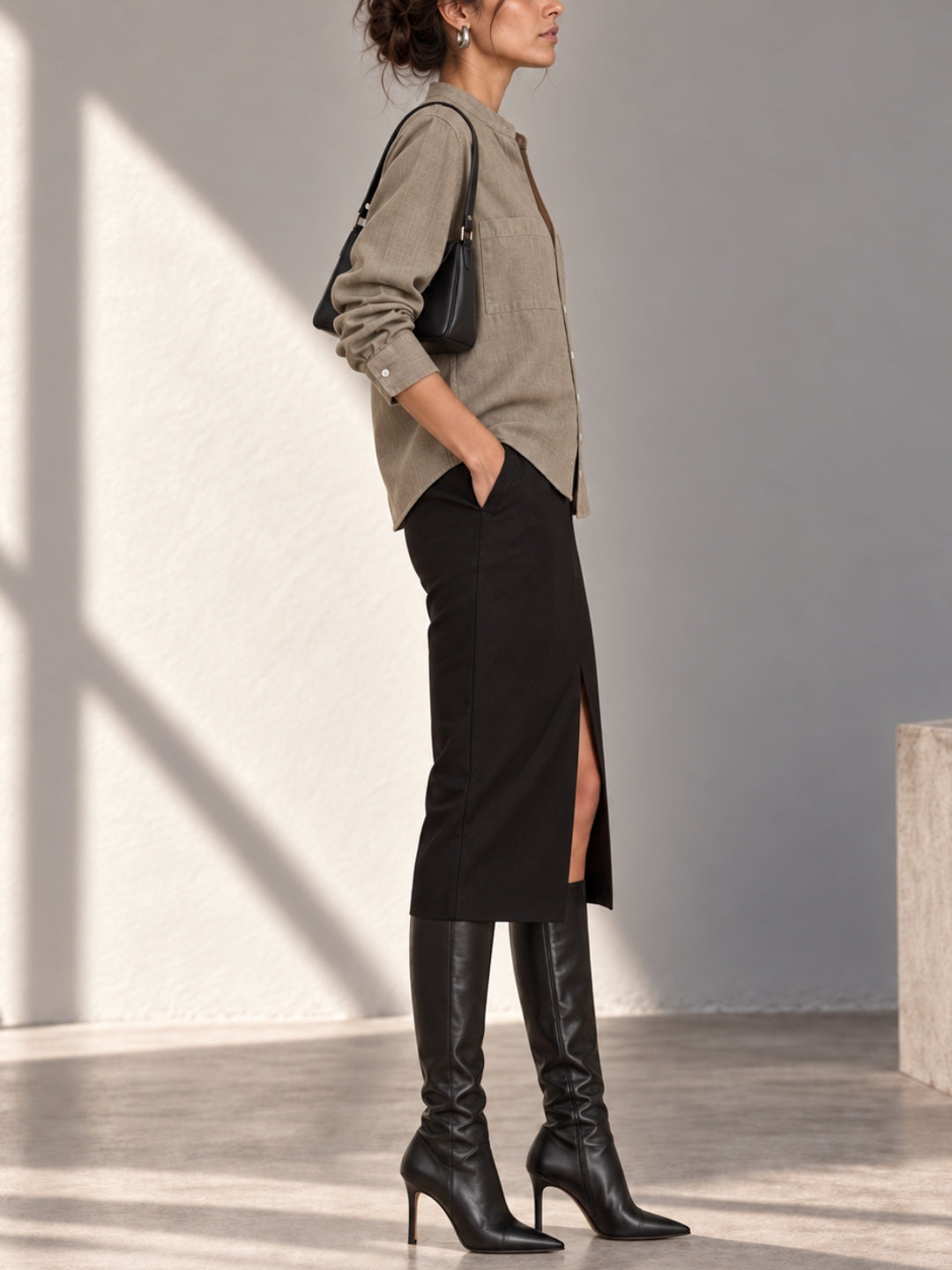 Earthy Brown Linen Casual Shirt with Mandarin Collar and Double Pocket