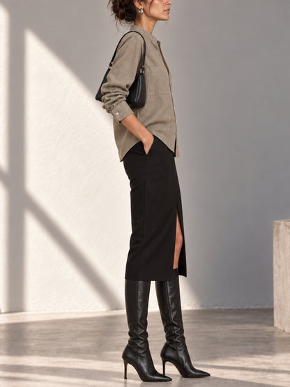 Earthy Brown Linen Casual Shirt with Mandarin Collar and Double Pocket