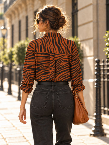 Brown Zebra Print Oversized Long-Sleeve Shirt