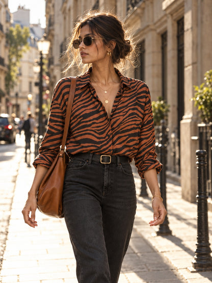 Brown Zebra Print Oversized Long-Sleeve Shirt