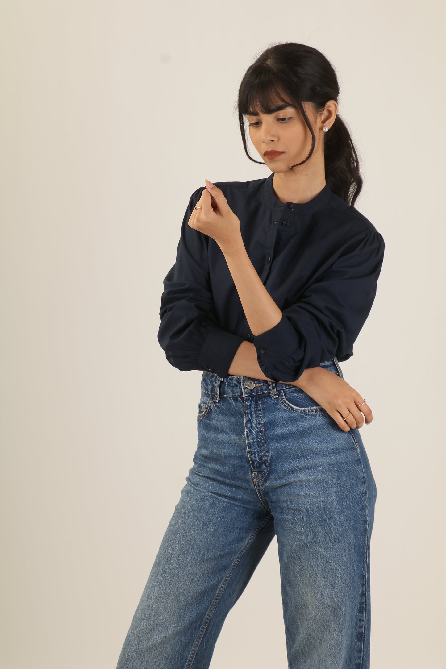 Navy Mandarin Collar Top