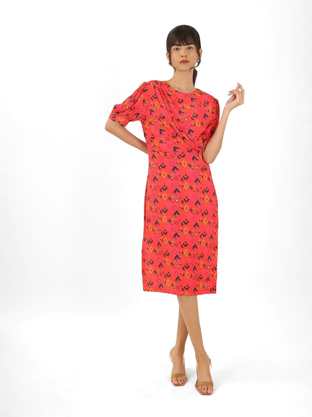 Printed Ruched Midi Dress