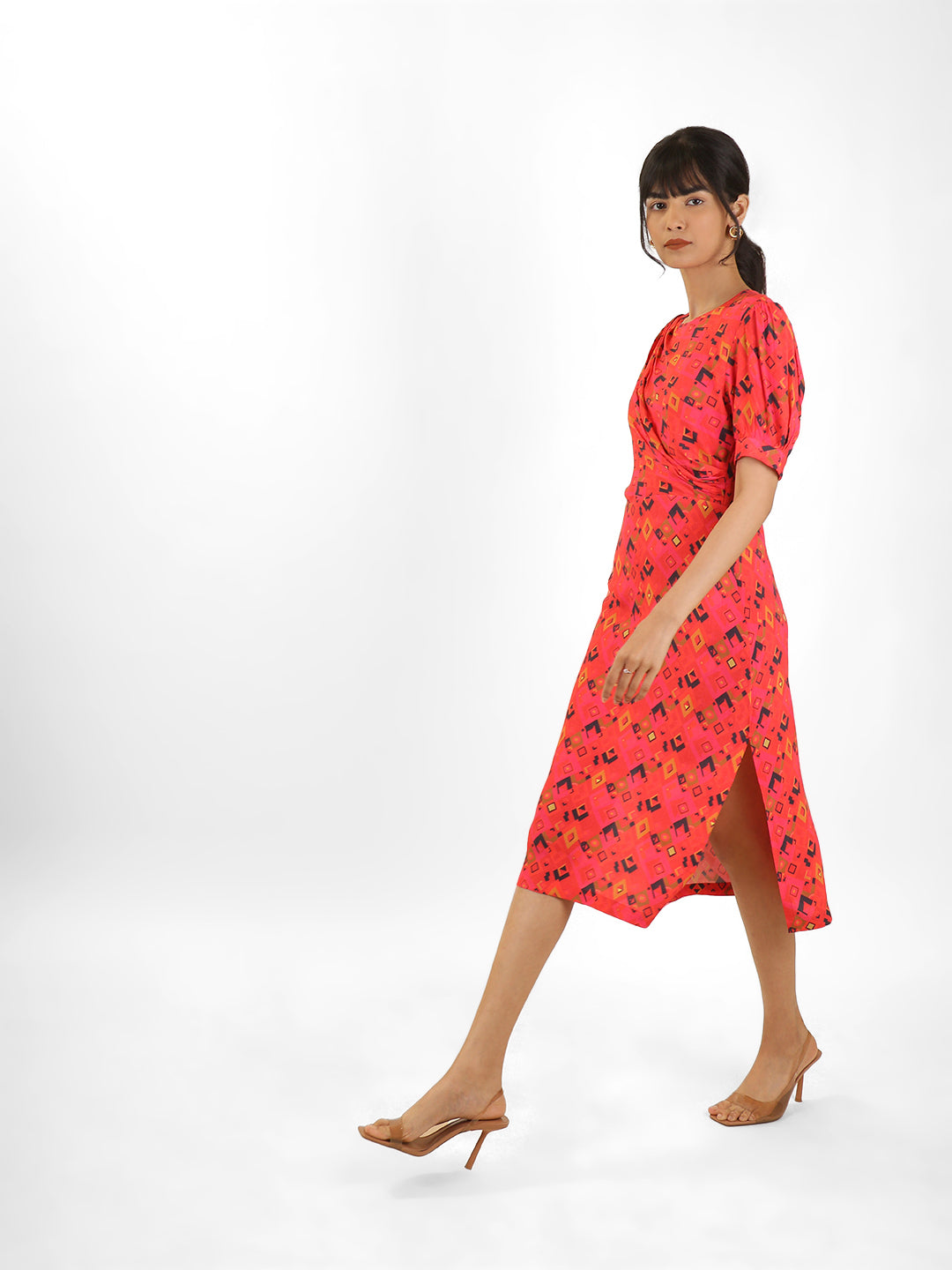 Printed Ruched Midi Dress