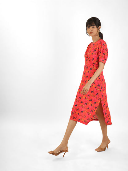 Printed Ruched Midi Dress