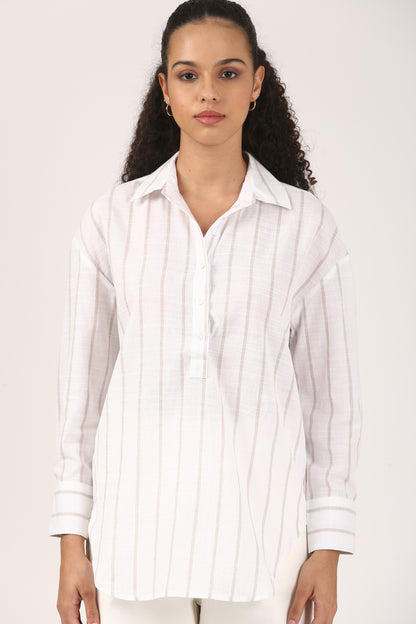 Ivory Sand Stripe Cotton Popover Shirt