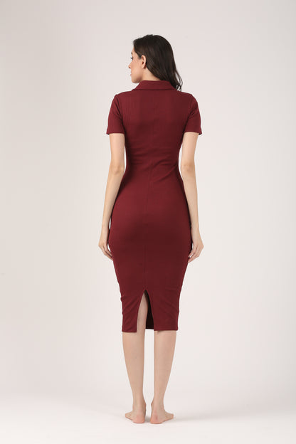 Soft Cotton Rib Contouring Wine Bodycon Dress