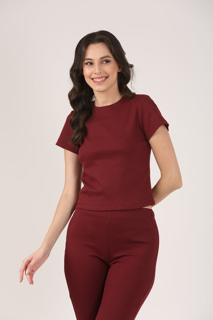 Soft Cotton Rib Short Sleeve Wine Top