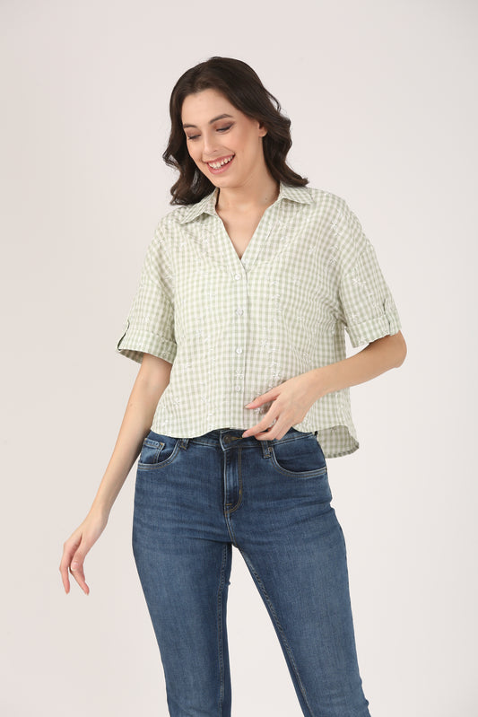 Cotton Light Green Check Embroidered Short Sleeve Shirt