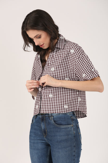 Cotton Gingham Brown Check Embroidered Short Sleeve Shirt