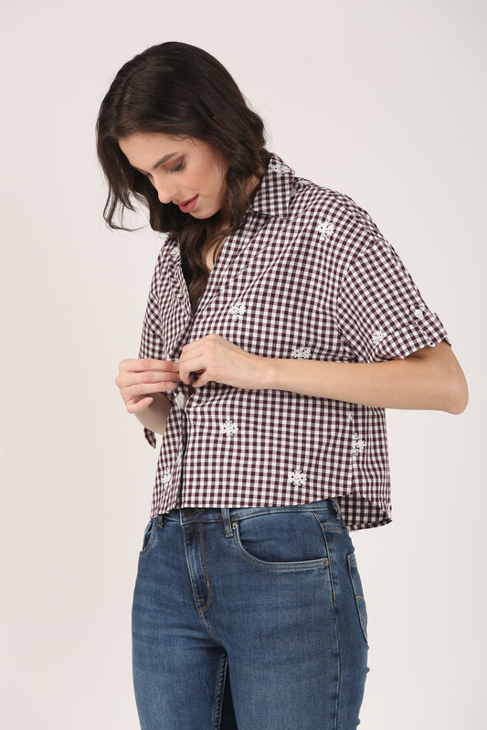 Cotton Gingham Brown Check Embroidered Short Sleeve Shirt