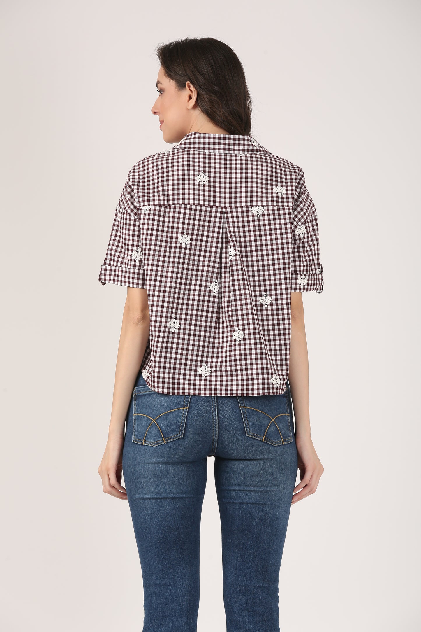 Cotton Gingham Brown Check Embroidered Short Sleeve Shirt