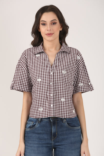 Cotton Gingham Brown Check Embroidered Short Sleeve Shirt