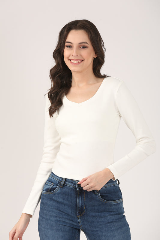 Soft Cotton Rib Sweetheart Neck Cream Top