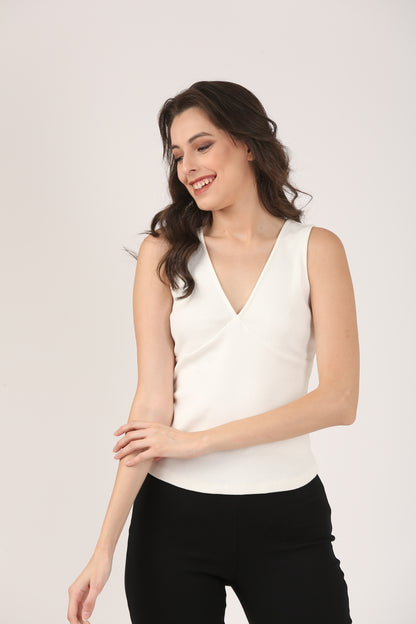 Soft Cotton Rib Elegant V Neck Cream Top
