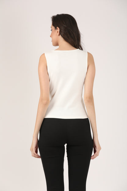 Soft Cotton Rib Elegant V Neck Cream Top