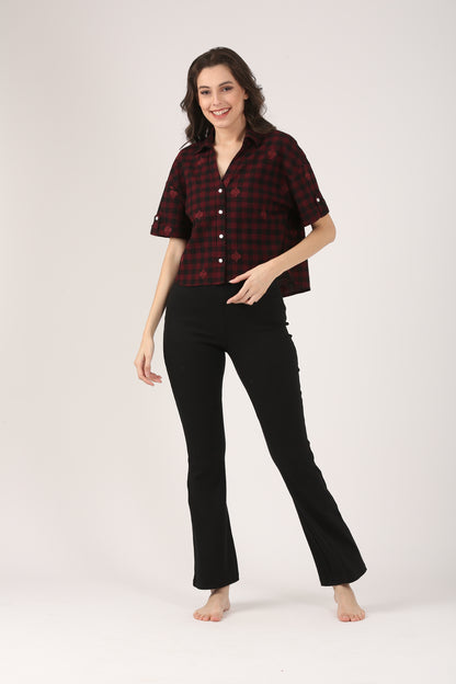 Cotton Burgundy Check Embroidered Short Sleeve Shirt