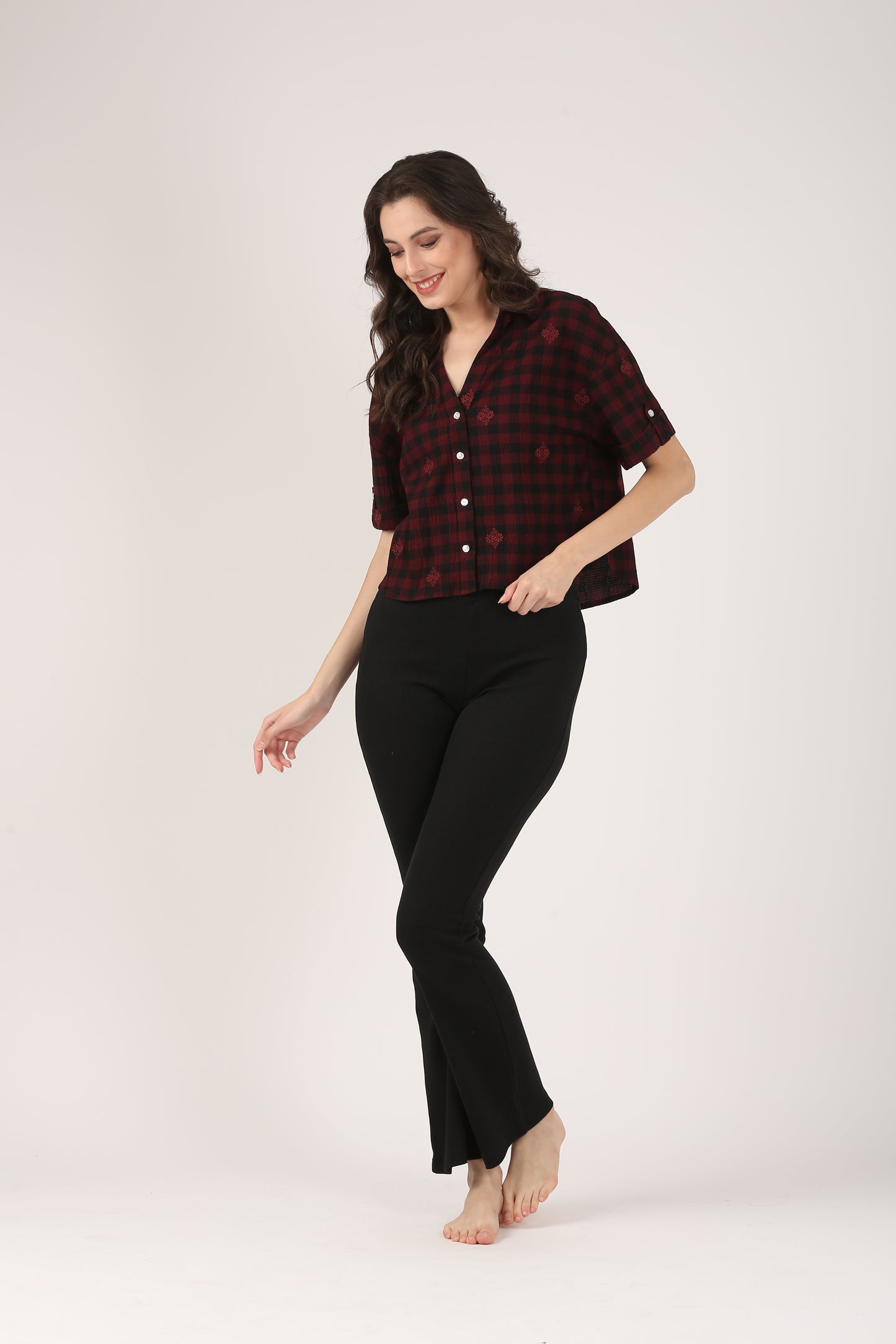 Cotton Burgundy Check Embroidered Short Sleeve Shirt