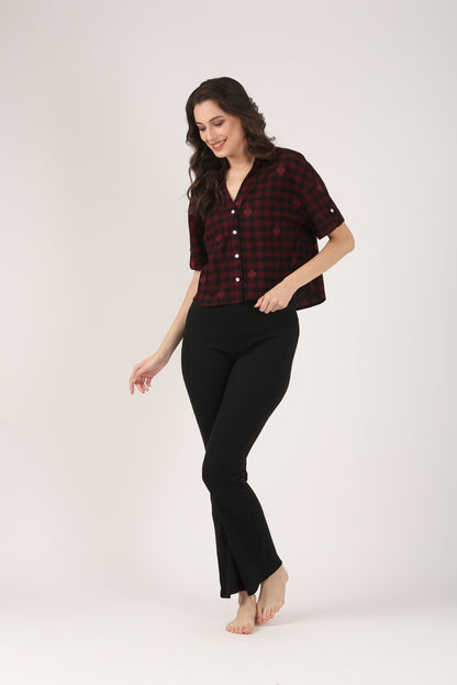 Cotton Burgundy Check Embroidered Short Sleeve Shirt