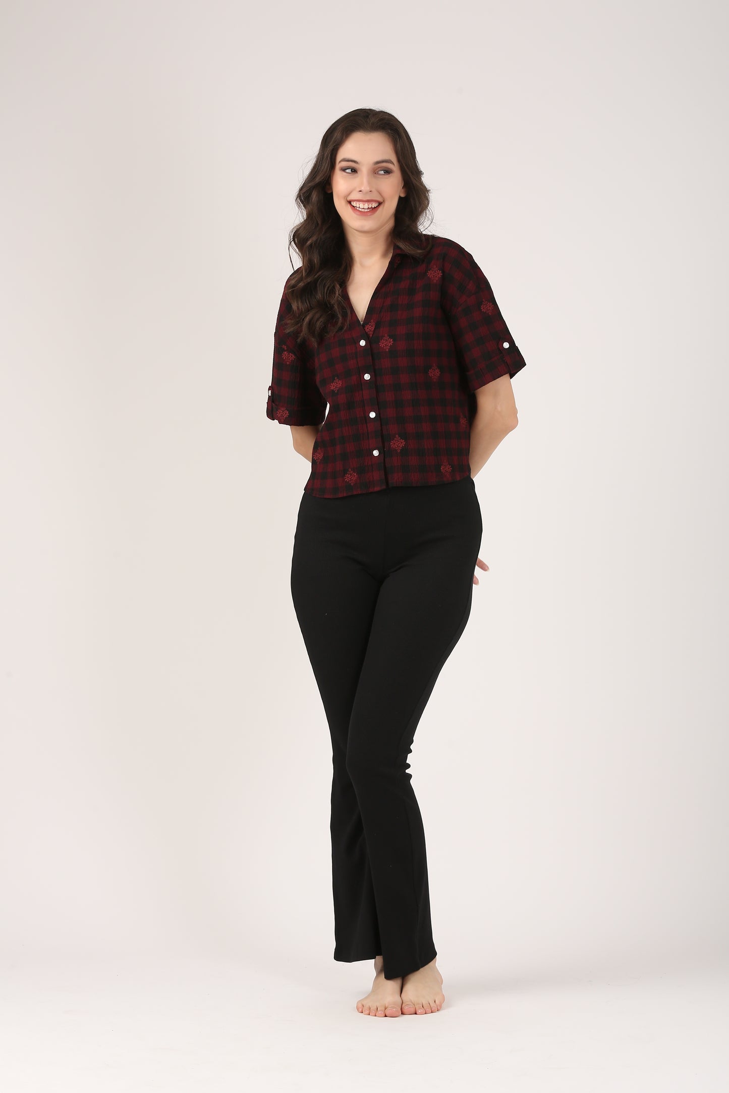 Cotton Burgundy Check Embroidered Short Sleeve Shirt