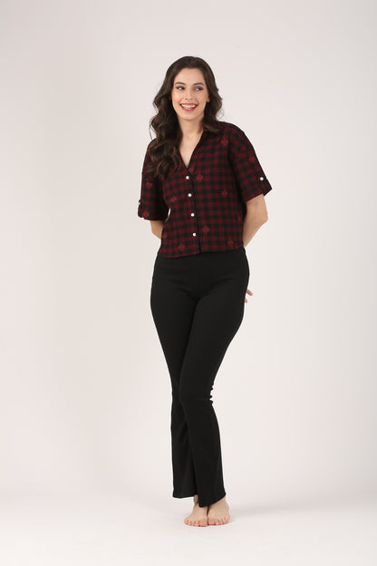 Cotton Burgundy Check Embroidered Short Sleeve Shirt