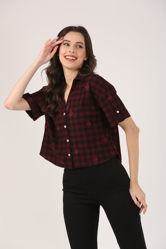 Cotton Burgundy Check Embroidered Short Sleeve Shirt
