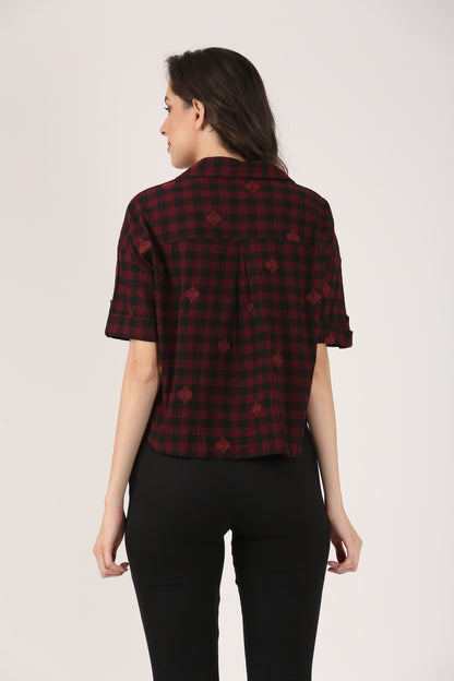 Cotton Burgundy Check Embroidered Short Sleeve Shirt