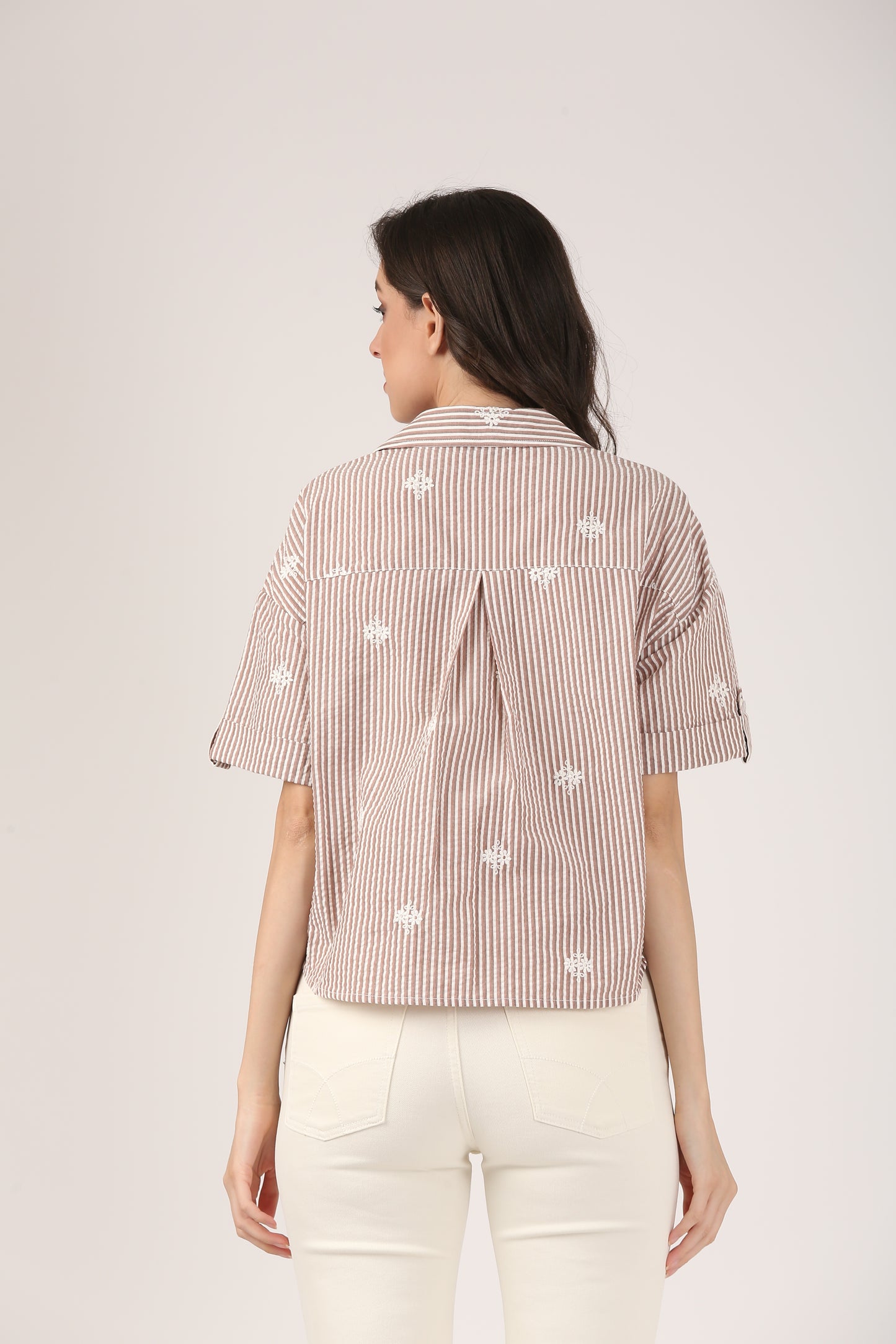 Cotton Brown Striped Embroidered Short Sleeve Shirt