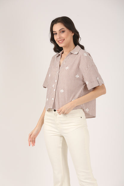 Cotton Brown Striped Embroidered Short Sleeve Shirt